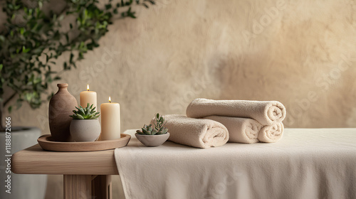 A serene spa environment showcases neatly arranged towels, tranquil candles, and fresh greenery, inviting guests to enjoy a nourishing and revitalizing experience photo