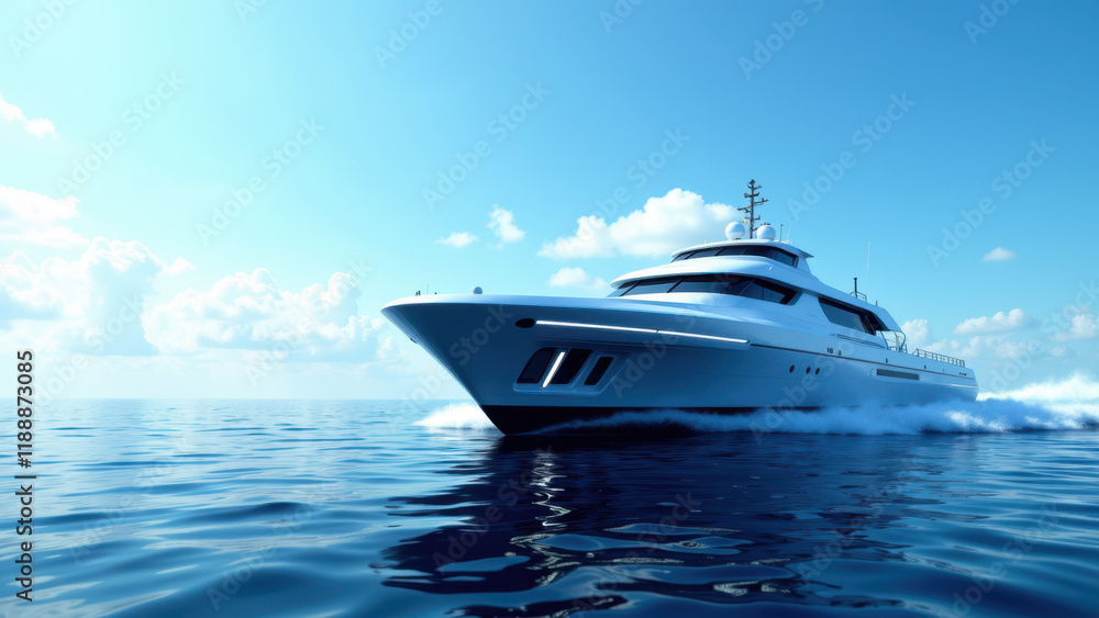 A modern yacht sailing on a clear ocean, showcasing sustainable green energy through its design and technology. A modern yacht sailing on a clear ocean, showcasing sustainable green energy through its design and technology.