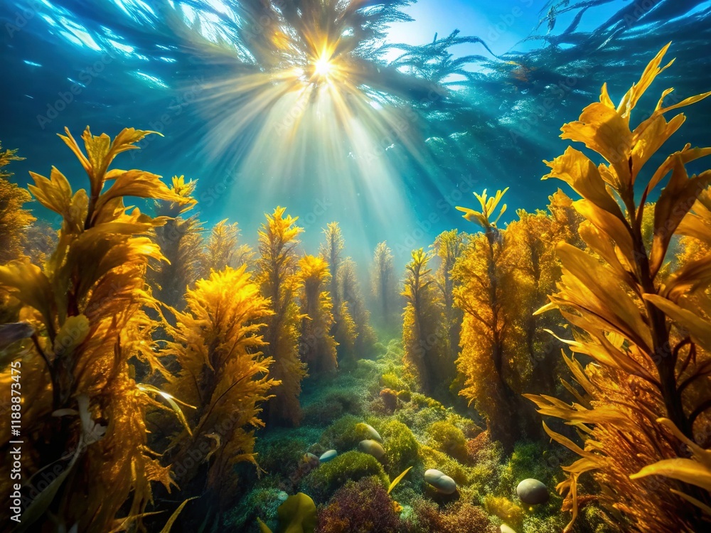Obraz premium Vibrant Underwater Seaweed Forest, Lush Marine Plants, Ocean Flora