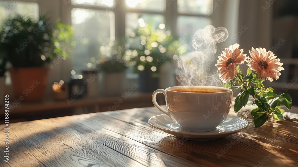 A steaming cup of coffee sits on a wooden table next to a vase of peach-colored flowers. Sunlight streams through a nearby window. A steaming cup of coffee sits on a wooden table next to a vase of peach-colored flowers. Sunlight streams through a nearby window.