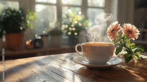 Wallpaper Mural A steaming cup of coffee sits on a wooden table next to a vase of peach-colored flowers. Sunlight streams through a nearby window. Torontodigital.ca