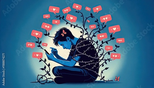 Young boy trapped by thorny vines of social media addiction using smartphone