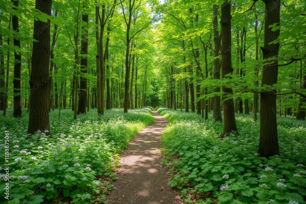 Serene Woodland Path with Dappled Sunlight and Vibrant Flowers Serene Woodland Path with Dappled Sunlight and Vibrant Flowers