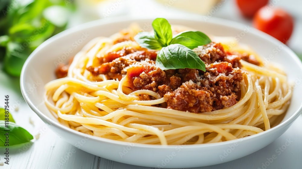 Delicious pasta bolognese with basil isolated on white background Delicious pasta bolognese with basil isolated on white background