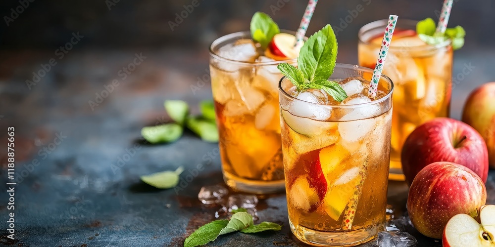 Refreshing cold apple tea served with ice and a straw in a studio setting, highlighting the vibrant and inviting nature of cold apple tea for a delightful beverage experience. Refreshing cold apple tea served with ice and a straw in a studio setting, highlighting the vibrant and inviting nature of cold apple tea for a delightful beverage experience.
