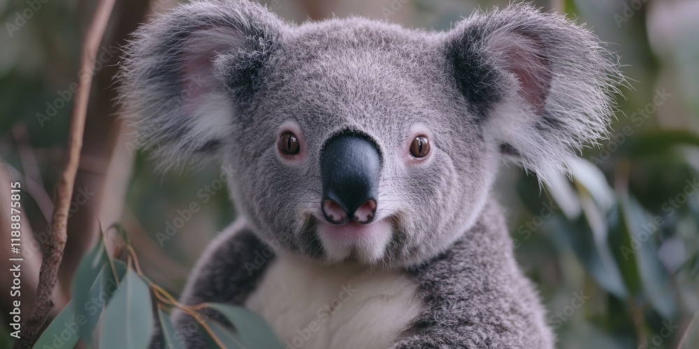 Fototapeta premium A koala gazes intently at the camera, embodying the essence of conservation and environmental protection, capturing a focused and hopeful moment that draws attention to wildlife preservation.