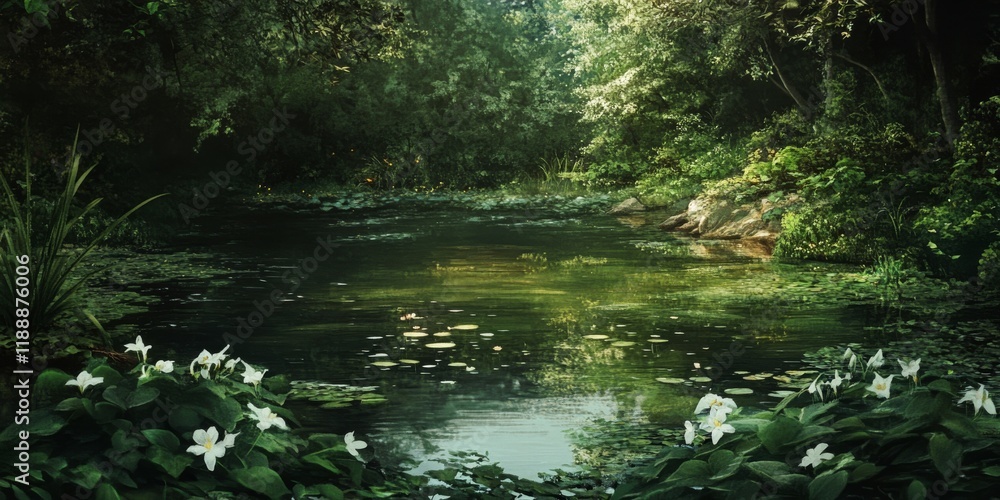 Pond showcasing a mirror like reflection of water surrounded by lush vegetation, featuring the solitary beauty of jasmine. This tranquil pond scene highlights the serene charm of nature. Pond showcasing a mirror like reflection of water surrounded by lush vegetation, featuring the solitary beauty of jasmine. This tranquil pond scene highlights the serene charm of nature.