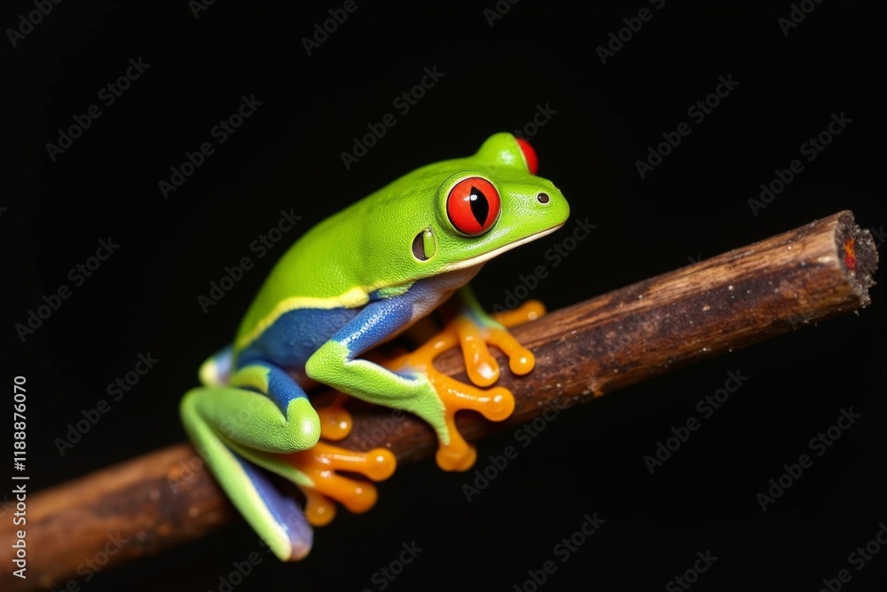Naklejka premium Vibrant Red-Eyed Tree Frog Clinging to Wood