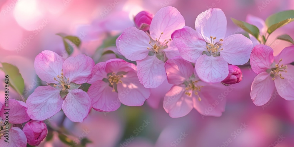 Pink apple flowers adorn a branching decorative wild apple tree. This close up of the flowering apple tree showcases the beauty of pink apple flowers in full bloom. Pink apple flowers adorn a branching decorative wild apple tree. This close up of the flowering apple tree showcases the beauty of pink apple flowers in full bloom.