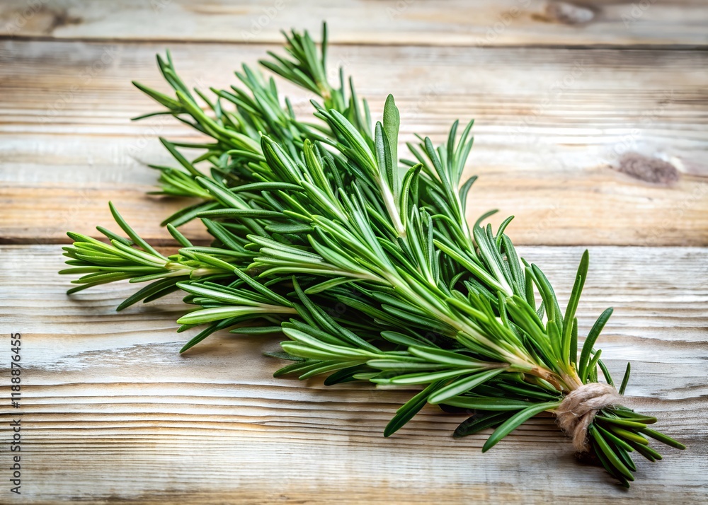 Fresh rosemary sprigs rest against a light wooden surface, presenting a minimalist aesthetic and showcasing the natural, evergreen qualities of this aromatic herb Fresh rosemary sprigs rest against a light wooden surface, presenting a minimalist aesthetic and showcasing the natural, evergreen qualities of this aromatic herb