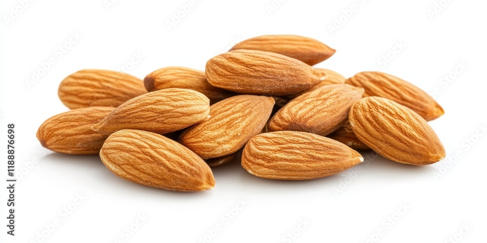 Almonds are beautifully isolated on a white background, showcasing the almond s texture and color. This image highlights the almond, making it perfect for culinary and health related projects. Almonds are beautifully isolated on a white background, showcasing the almond s texture and color. This image highlights the almond, making it perfect for culinary and health related projects.