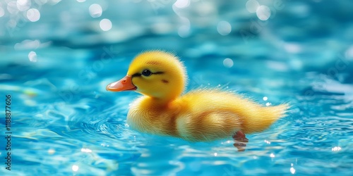 Cute yellow duckling swimming in a sparkling pool. This adorable duckling enjoys the clear blue water on a sunny summer day, creating a delightful scene of nature s beauty. photo