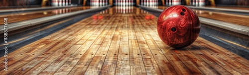 Bowling ball sitting on the floor in a bowling alley, sport background, banner, copy space photo