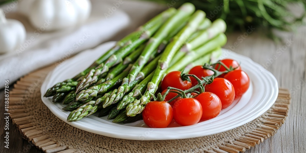 Asparagus and cherry tomatoes beautifully arranged on a white saucer, complemented by a rustic wooden placemat, create a vibrant display of fresh ingredients featuring asparagus and cherry tomatoes. Asparagus and cherry tomatoes beautifully arranged on a white saucer, complemented by a rustic wooden placemat, create a vibrant display of fresh ingredients featuring asparagus and cherry tomatoes.