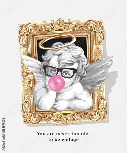 vintage slogan with little angel and bubble gum in vintage frame vector illustration