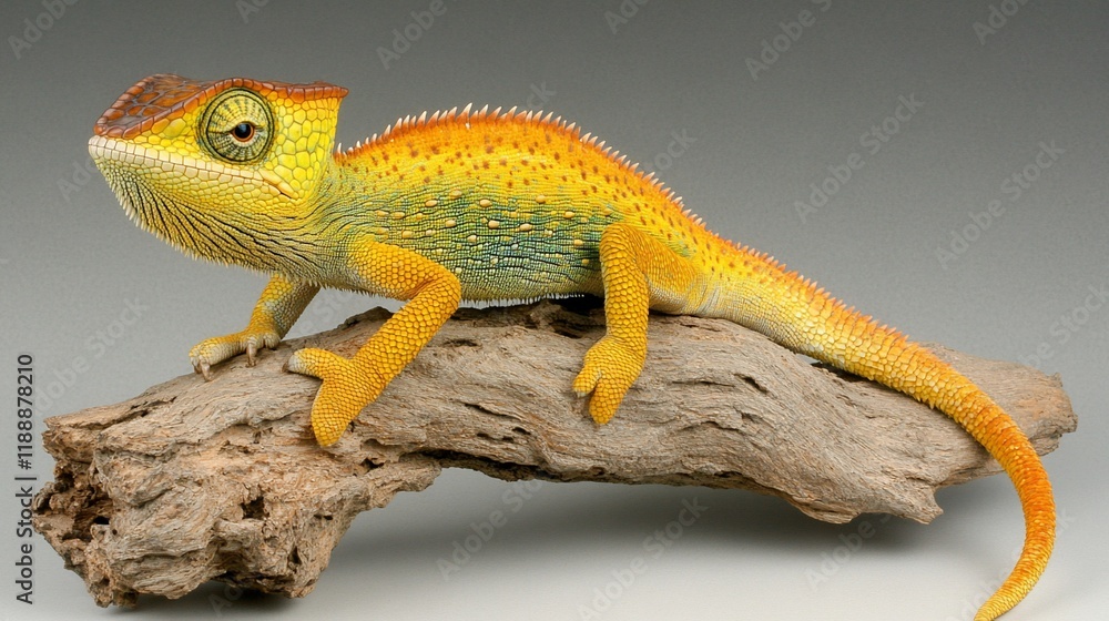 Fototapeta premium Vibrant yellow chameleon perched on weathered driftwood against a neutral background.