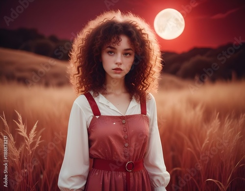 Cinematic still image glowing portrait in a surreal world with shining red grass, minimal soft studio light photography, fine art photo, dark red and white, minimal outfit, redscale color light scheme photo