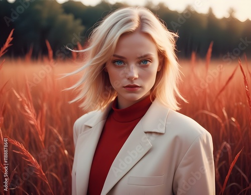 Cinematic still image glowing portrait in a surreal world with shining red grass, minimal soft studio light photography, fine art photo, dark red and white, minimal outfit, redscale color light scheme photo