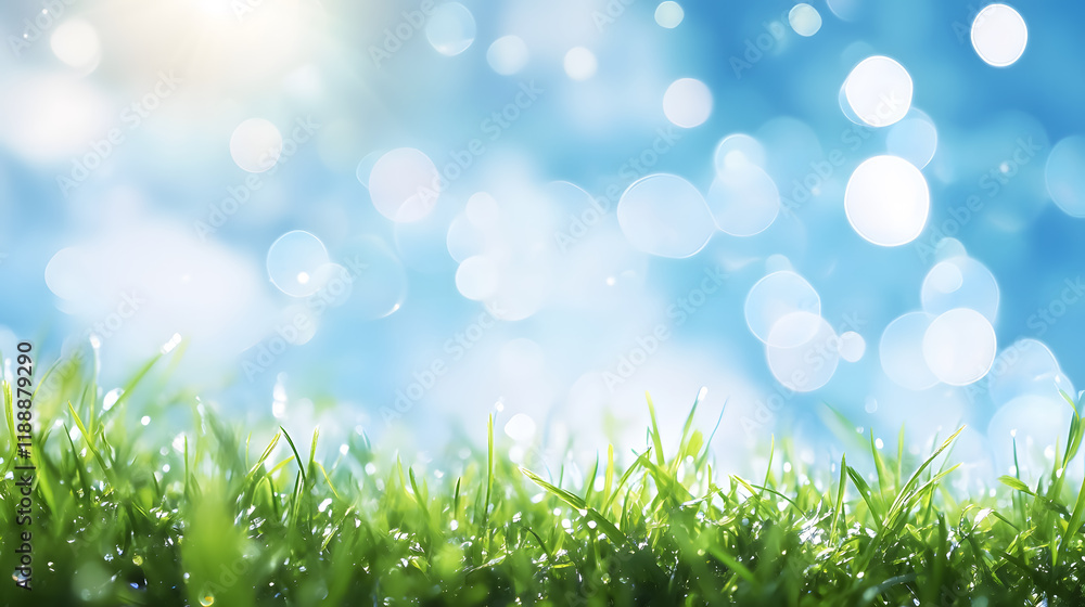 Obraz premium World Environment Day theme illustrated with green grass and a blue sky, enhanced by a bokeh effect.