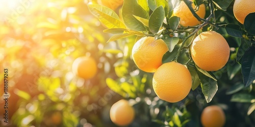 Vibrant orange or grapefruit tree showcasing yellow ripening and green unripe citrus fruit hanging from branches on a sunny day, perfect for picking and enjoying juicy edible citrus delights.
