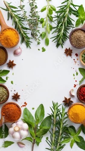 Wallpaper Mural Fresh herbs, aromatic spices, wooden spoons, colorful powders, circular composition, white background, culinary ingredients, green leaves, rosemary sprigs, basil, peppercorns, turmeric powder, paprika Torontodigital.ca