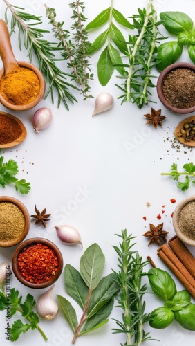 Wallpaper Mural Fresh herbs, aromatic spices, wooden spoons, colorful powders, circular composition, white background, culinary ingredients, green leaves, rosemary sprigs, basil, peppercorns, turmeric powder, paprika Torontodigital.ca
