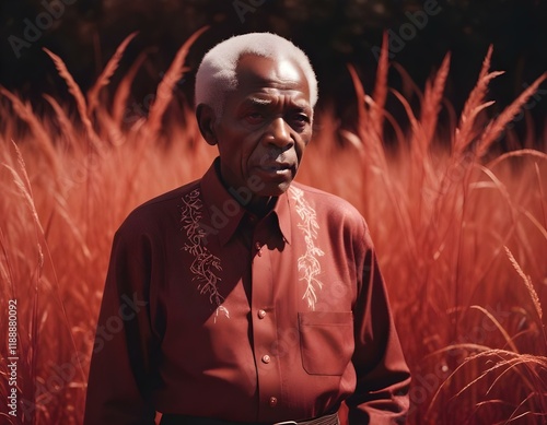 Cinematic still image glowing portrait in a surreal world with shining red grass, minimal soft studio light photography, fine art photo, dark red and white, minimal outfit, redscale color light scheme photo