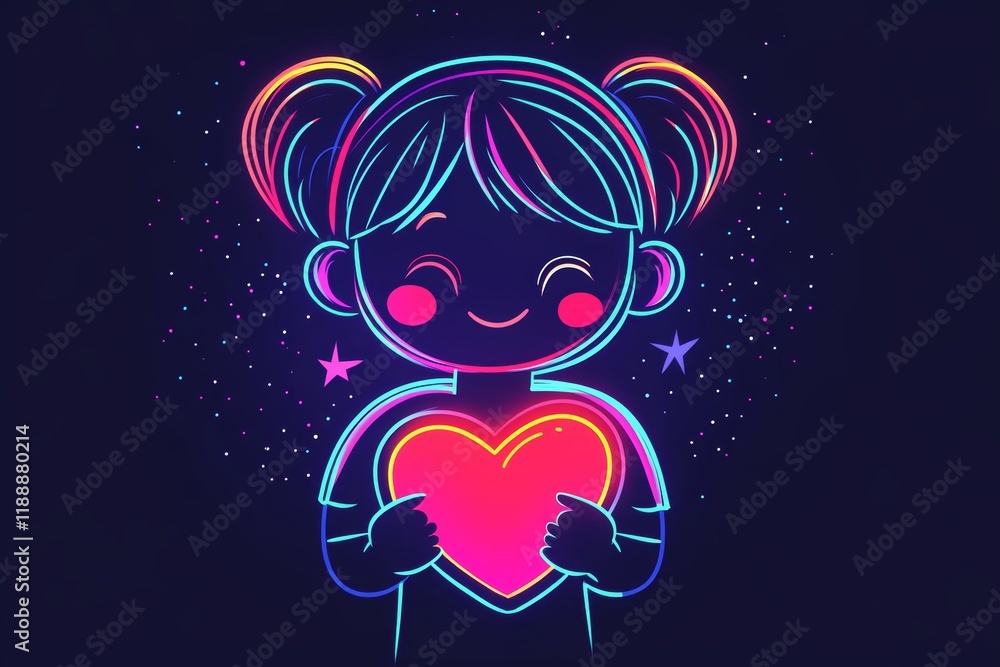 Fototapeta premium A cute little girl holding a heart-shaped icon, neon lights , valentine's day