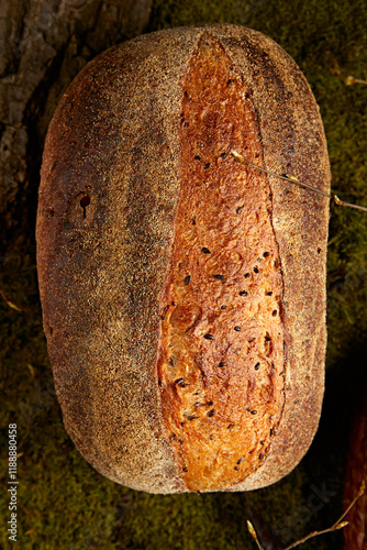 Loaf of fresh bread close-up view from above