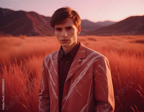 Cinematic still image glowing portrait in a surreal world with shining red grass, minimal soft studio light photography, fine art photo, dark red and white, minimal outfit, redscale color light scheme photo