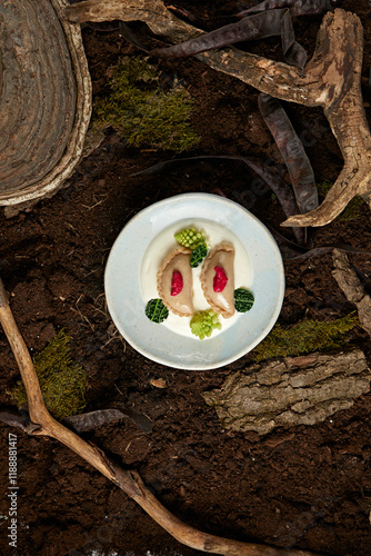 dumplings with sour cream and cabbage on a plate