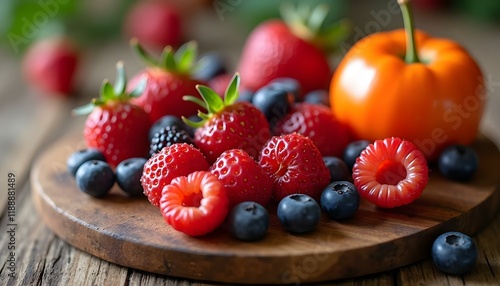 A plate of brightly colored fresh berries and fruit on a wooden board. Useful snack, good nutrition