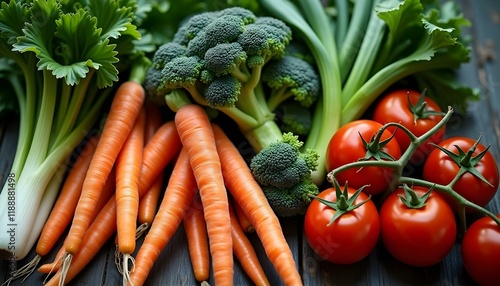 An assortment of fresh vegetables including carrots, broccoli, green onions, tomatoes, and leafy greens