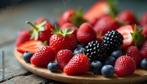 A plate of brightly colored fresh berries and fruit on a wooden board. Useful snack, good nutrition