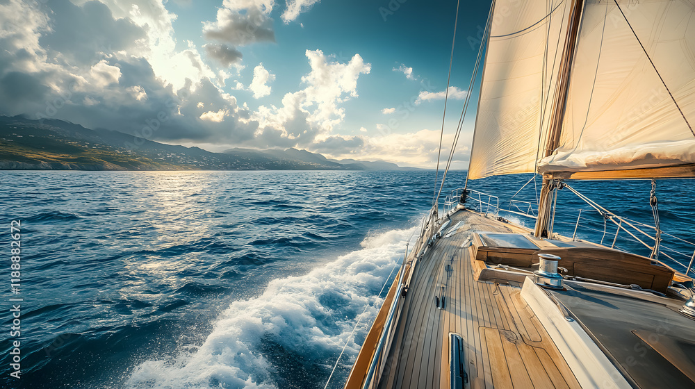 Obraz premium A yacht sails in the Atlantic Ocean on a sunny day, enjoying a cruise.