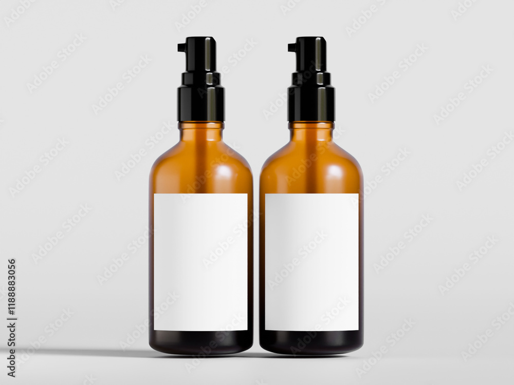 Bottle brown color and black lid with blank label isolated on gray background Bottle brown color and black lid with blank label isolated on gray background