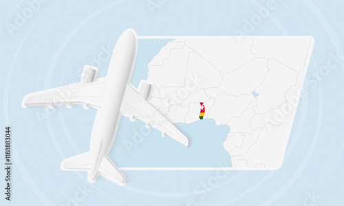 Togo Travel Illustration with Plane and National Flag. Airplane Flying Over Togo Map. photo