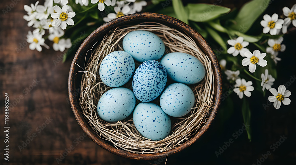 Colorful speckled blue Easter eggs arranged in a wooden bowl surrounded by fresh flowers on a rustic wooden surface Colorful speckled blue Easter eggs arranged in a wooden bowl surrounded by fresh flowers on a rustic wooden surface