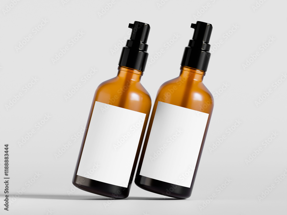 Bottle brown color and black lid with blank label isolated on gray background Bottle brown color and black lid with blank label isolated on gray background