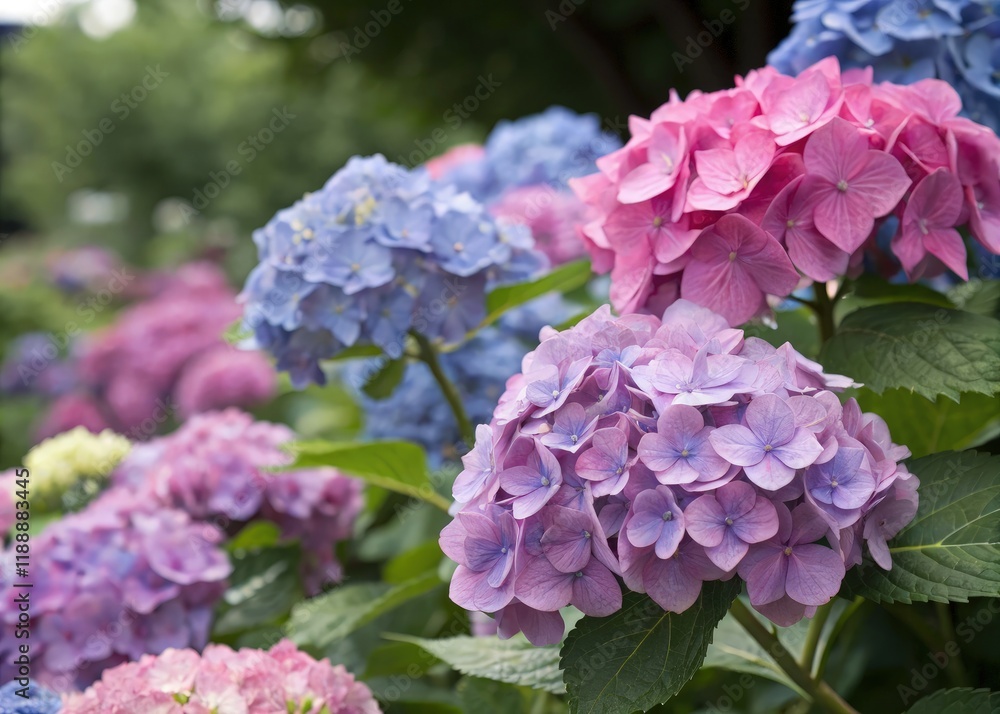 Bright Colorful Hydrangeas Blooming in Spring Garden. Generative AI Bright Colorful Hydrangeas Blooming in Spring Garden. Generative AI