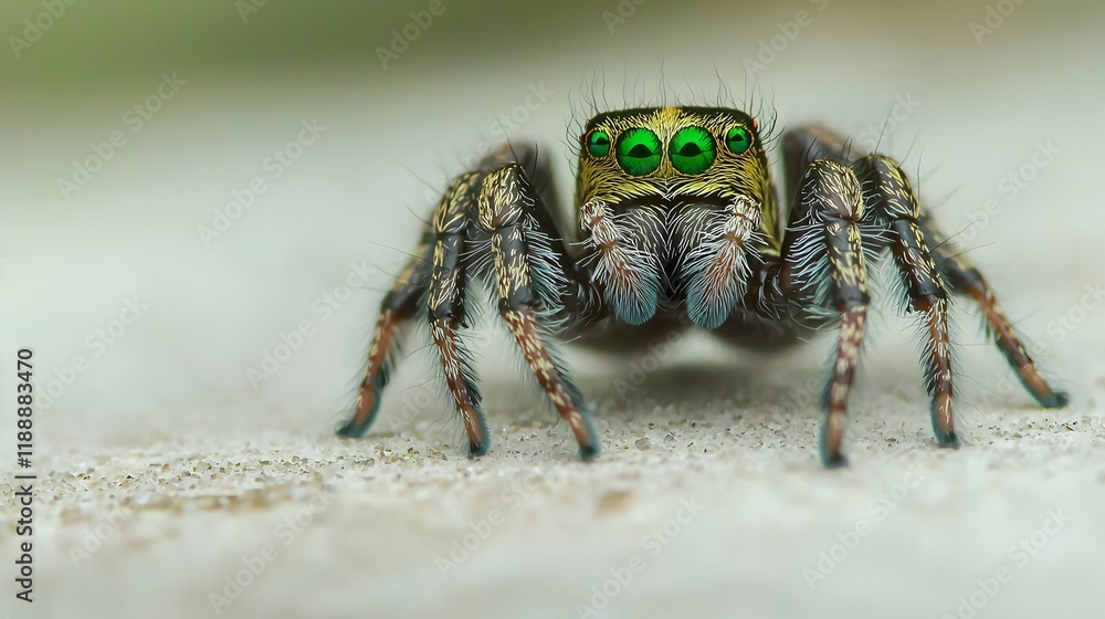 A spider with blue eyes and green legs