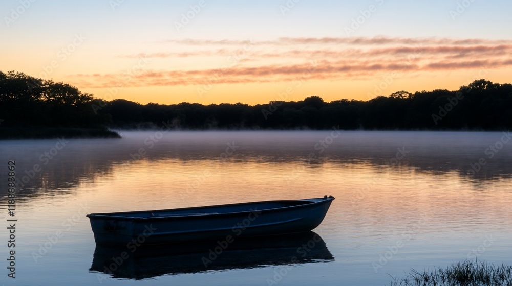 Obraz premium Serene sunrise over misty lake with small boat.