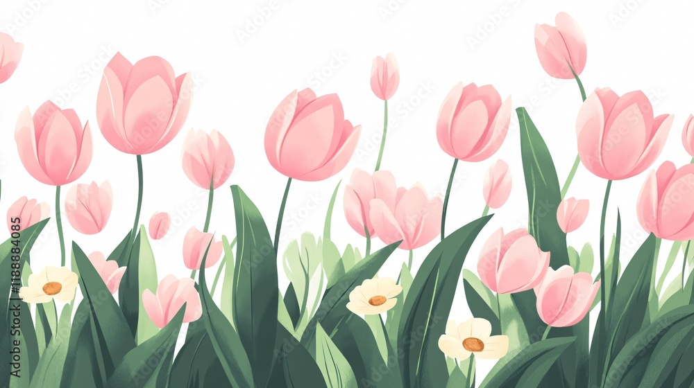 Wide-angle Pink Tulips Vector Illustration Centered Design Wide-angle Pink Tulips Vector Illustration Centered Design