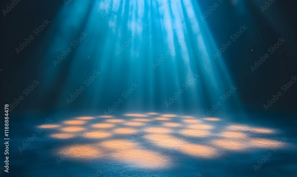 Fototapeta premium Underwater spotlight stage, ocean floor, dark background, product display