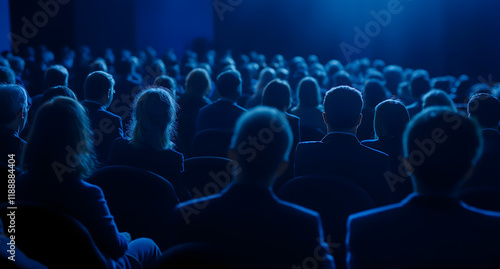 A dark conference room packed with delegates applauding a motivational keynote. Tech experts gather in the auditorium for an inspiring Business Technology Summit. Rear footage. photo