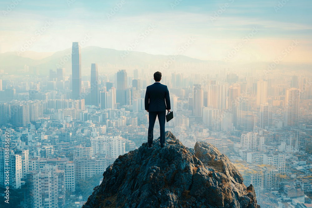A male businessman in a suit looking down on an urban office district from the top of a mountain. A male businessman in a suit looking down on an urban office district from the top of a mountain.