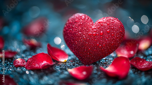Dewy red heart, rose petals, bokeh, romance, Valentine's