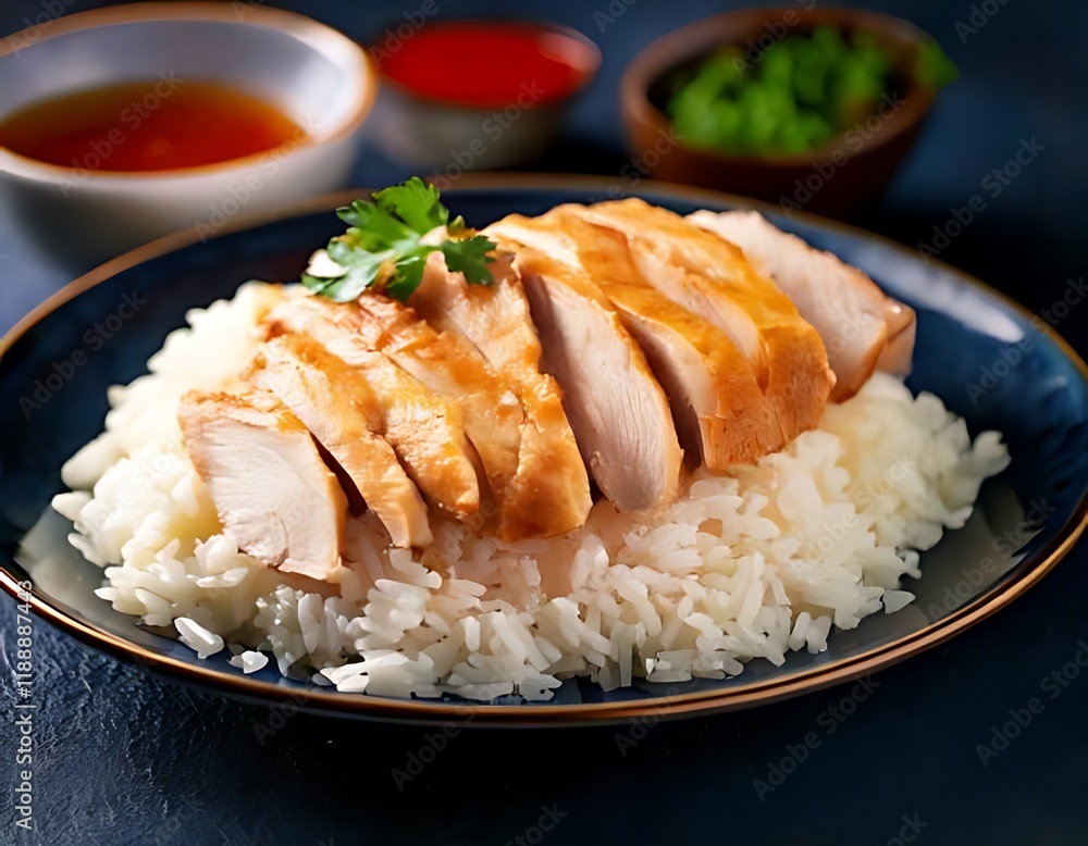 Close-up of grilled chicken on rice with dipping sauce Close-up of grilled chicken on rice with dipping sauce