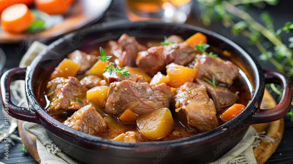 Tasty braised pork in brown sauce, with chunks of tender, succulent pork, a rich and savory sauce, and a touch of aroma. A classic and beloved dish Tasty braised pork in brown sauce, with chunks of tender, succulent pork, a rich and savory sauce, and a touch of aroma. A classic and beloved dish