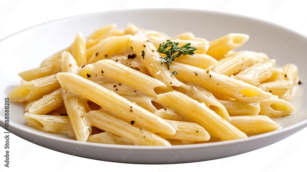 Delicious presented twirl of penne pasta smothered Delicious presented twirl of penne pasta smothered